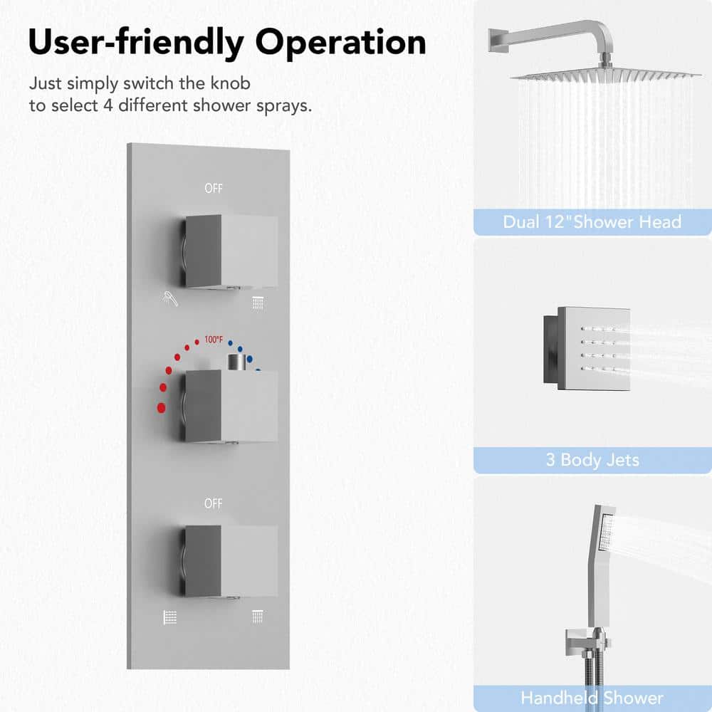 Brushed Nickel Dual 12" Rainfall Shower System with Handheld and Jets