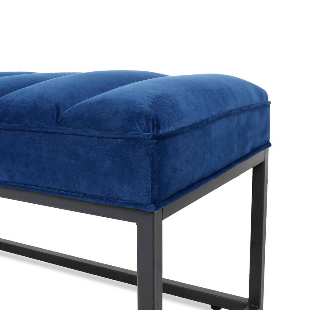 Navy Blue Velvet Upholstered Metal Frame Bedroom Bench