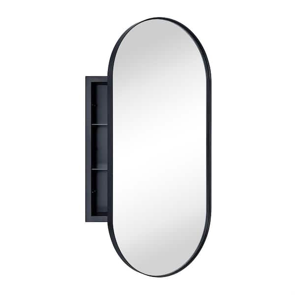 TEHOME Daisy-Mai 16 in. W x 33 in. H Oval Pill Shape Metal Framed Recessed Medicine Cabinet with Mirror in Matt Black