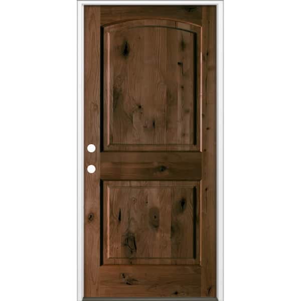 36 in. x 80 in. Rustic Knotty Alder 2-Panel Arch Top Right-Hand/Inswing BEHR Espresso Stain Wood Prehung Front Door