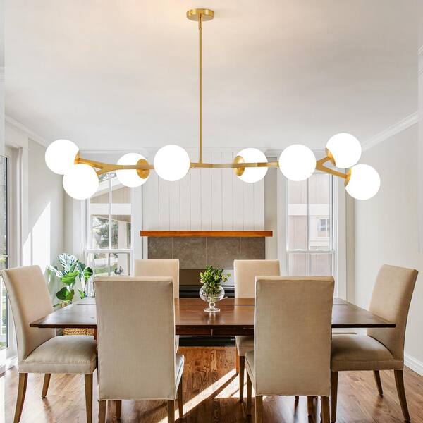 KAISITE 55 in. 8-Light Gold Vintage Hanging Light With Fluted Milk