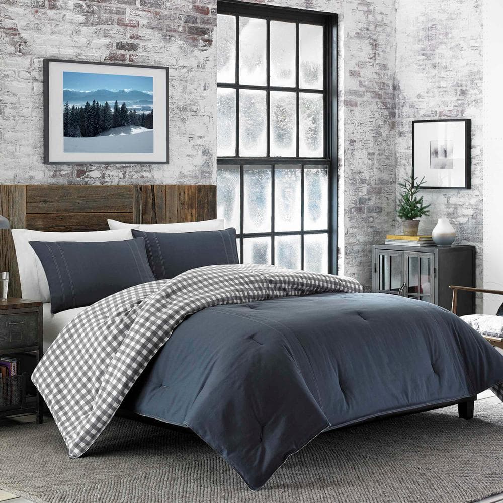 Full/Queen Charcoal Cotton Flannel Reversible Duvet Cover Set