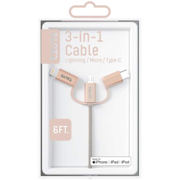 Tzumi 6 ft. 3-in-1 USB Metallic Charging Cable, Rose Gold