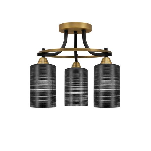 Unbranded Madison 14.25 in. 3-Light Matte Black and Brass Semi-Flush Mount with Black Matrix Glass Shade