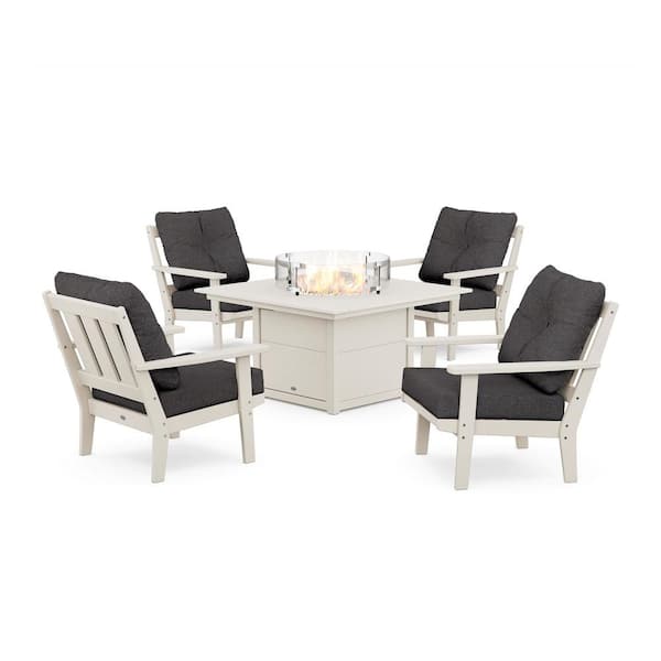 POLYWOOD Oxford 5-Pieces Plastic Patio Fire Pit Deep Seating Set in Sand with Ash Charcoal Cushions