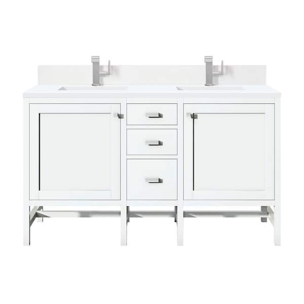James Martin Vanities Addison 60.0 in. W x 23.5 in. D x 35.5 in. H Double Bathroom Vanity in Glossy White with White Zeus Quartz Top