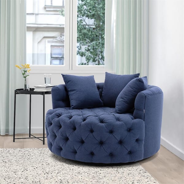 HOMEFUN Navy Blue Linen Fabric Swivel Upholstered Barrel Living Room Chair With Tufted Cushions