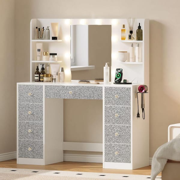 Modern Diamond Edition 1-Piece White Makeup Vanity Desk with LED Bulb Mirror, Drawers, Storage Shelves