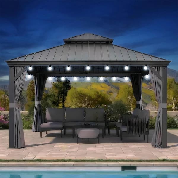 PURPLE LEAF 10 ft.x 14 ft.Gray Patio Outdoor Gazebo for Backyard Hardtop Aluminum Frame with Hooks ,Netting , Curtain 24 Lights