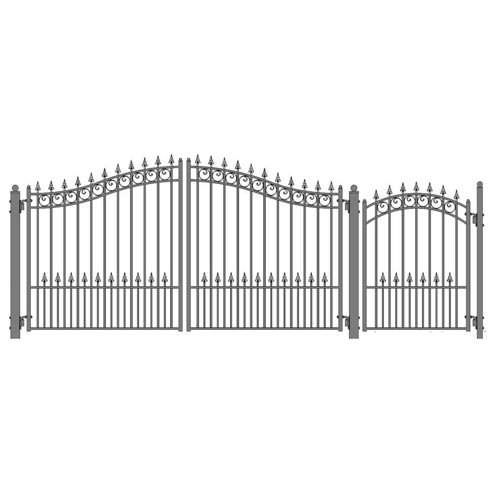 Prague Style Black Steel Dual Driveway Gate with Pedestrian Gate