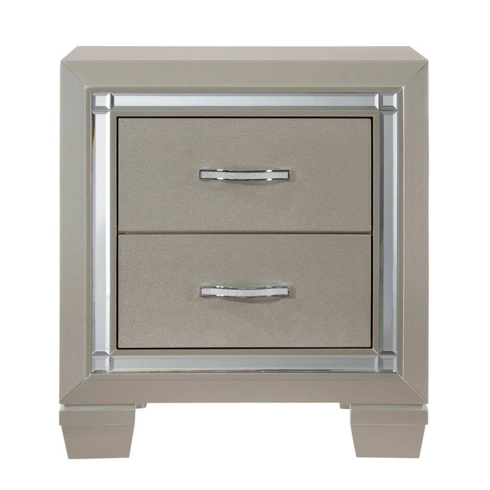 Chic Glam 2-Drawer Nightstand in Gray with Mirror Glass Trim