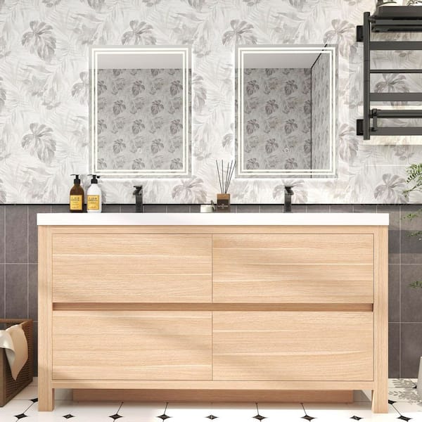 Louis 59 in. W x 20 in. D x 35 in. H Double Sink Freestanding Bath Vanity in Champagne Oak with White Acrylic Top