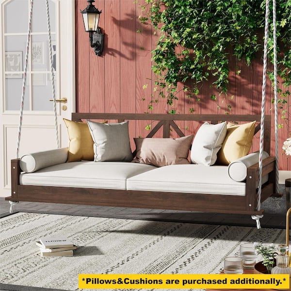 Modern Brown 85.4 in. W Acacia Wood Twin Size Porch Swing Hanging Bed with 16.4 ft. Hemp Ropes