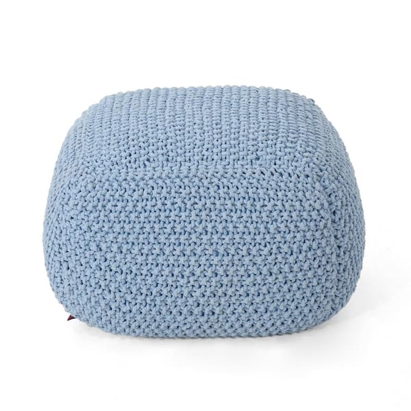 Noble House Hollis Square Teal Knitted Cotton Pouf