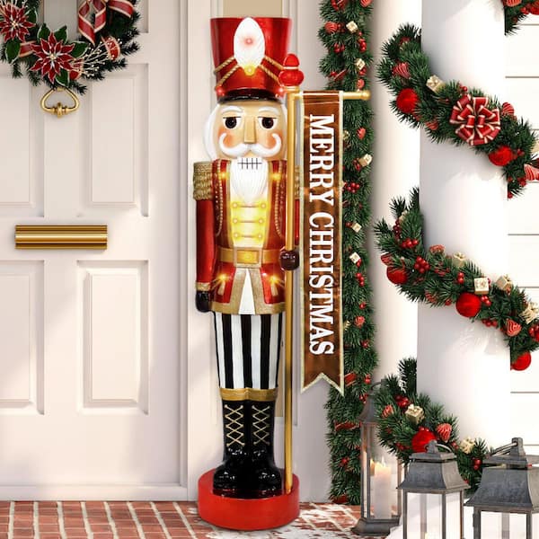 4-ft. Prelit Metallic Christmas Nutcracker Holding Banner with LED Lights, 3D Light up Resin Decoration