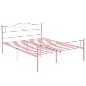 Full Bed Frame, Pink Platform Bed No Box Spring Needed, Heavy Duty Steel Slats Support Bed