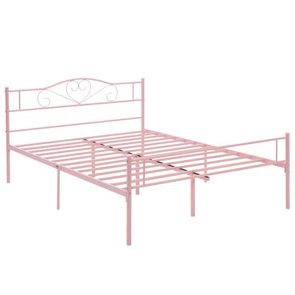 VECELO Full Bed Frame, Pink Platform Bed No Box Spring Needed, Heavy Duty Steel Slats Support Bed