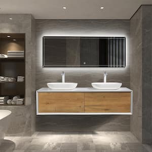 55 in. W Wall Mount Bath Vanity in White and Oak with Matte White Sink