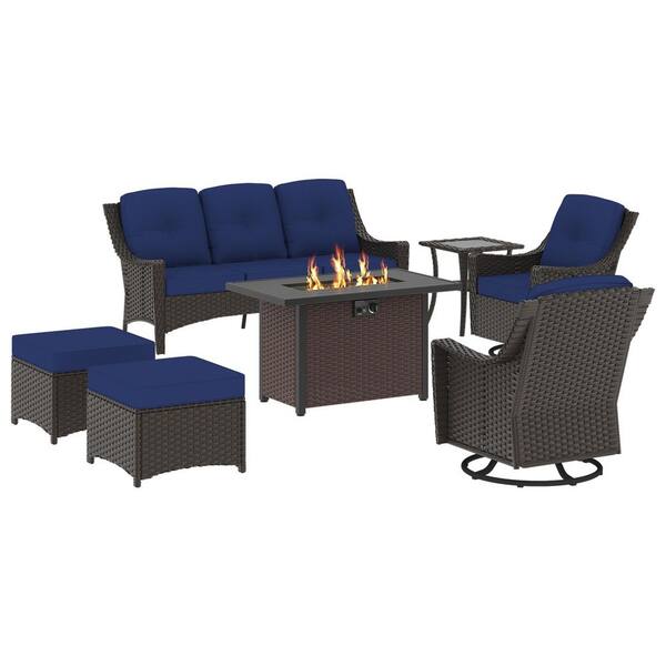 7-Piece Brown Wicker Outdoor Fire Pit Conversation Set with Blue Cushions and Swivel Rocker Patio Chairs