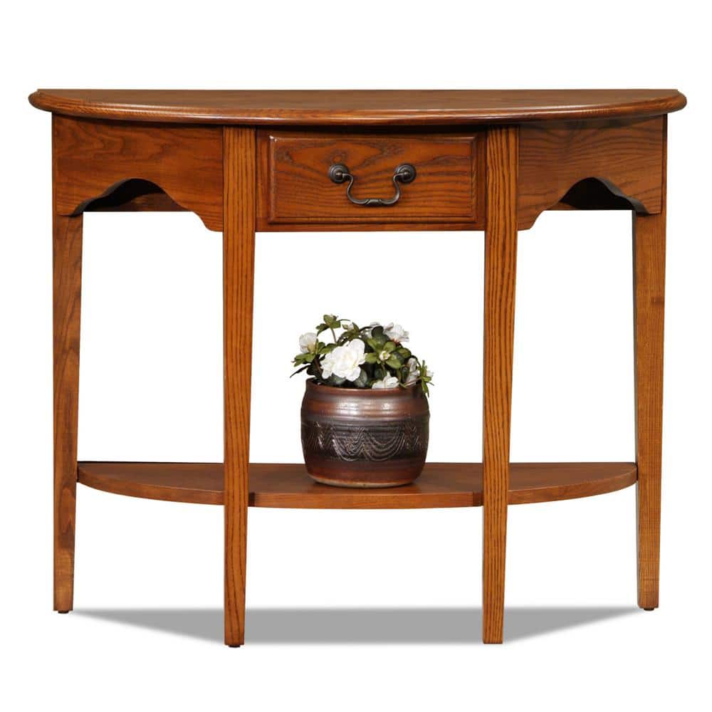 Medium Oak Demilune Console Table with Drawer and Shelf