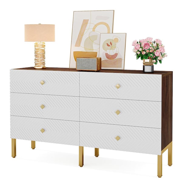 BYBLIGHT Helotes White 6-Drawer 55.12 in. Modern Chest of Drawers with Metal Handle and Legs for Bedroom, Living Room, Hallway