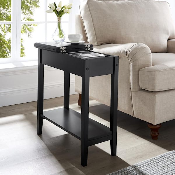 MAYKOOSH 11 in. Black Slim Flip-Top End Table with Drawer and Shelf, Narrow Nightstand Side Table for Small Spaces