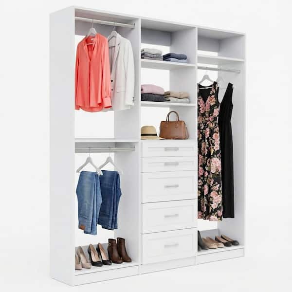 Alto Collection 105 in. W White Wall Mounted Shaker Double Hang, 5-Drawer and Tall Hang Wood Closet System