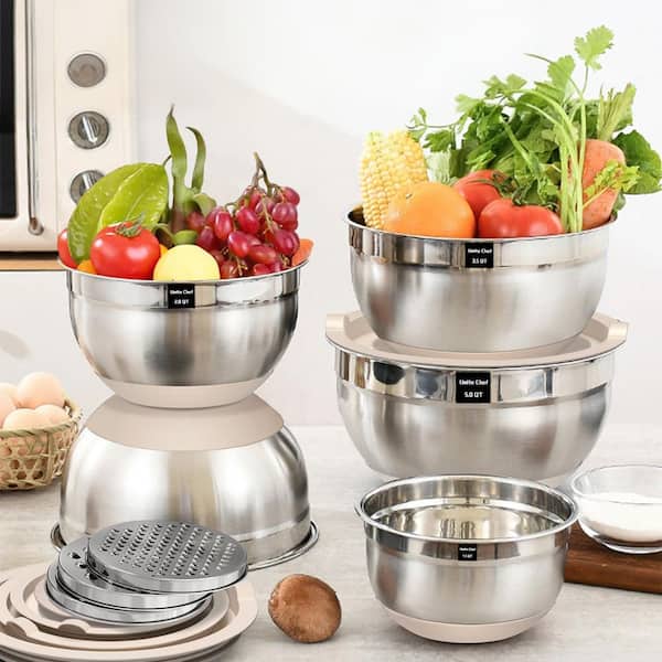 Numhew Chef Essential 8-Piece Stainless Steel Khaki Mixing Bowl