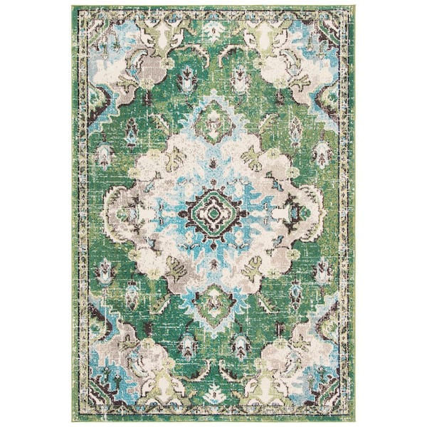 SAFAVIEH Madison Green/Light Blue Doormat 2 ft. x 4 ft. Border Floral Oriental Area Rug