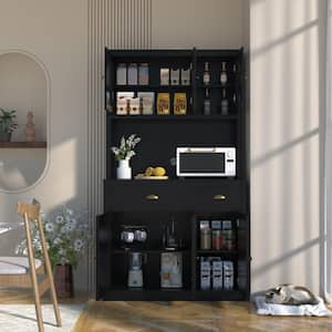 Black MDF 39.3 in. Sideboard Food Pantry Kitchen Buffet and Hutch with 4 Adjustable Shelves and 2-Drawer