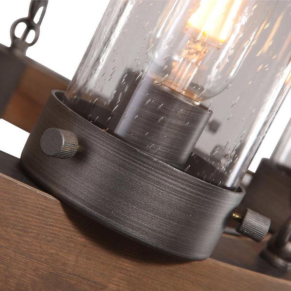 Anillo Farmhouse Aged Silver Metal Brown Wood Wagon Wheel 6-Light Rustic Chandelier with Seed Glass Shades for Foyer