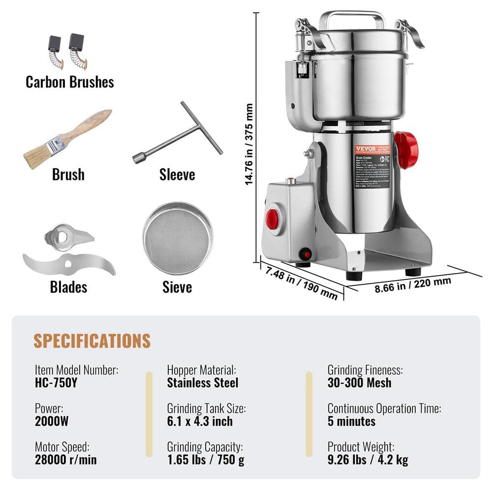 VEVOR 750g High Speed Stainless Steel Electric Grain Mill Grinder