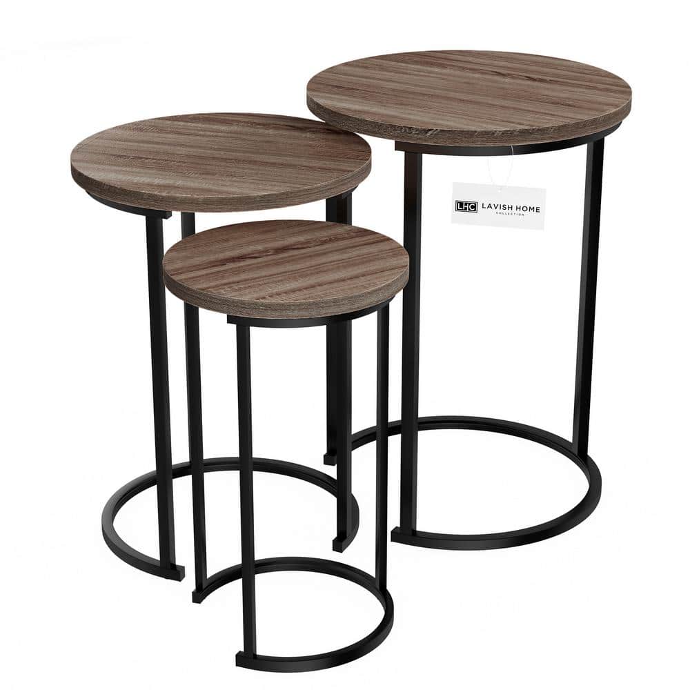 Gray Oak and Black Metal Round Nesting Tables Set of 3
