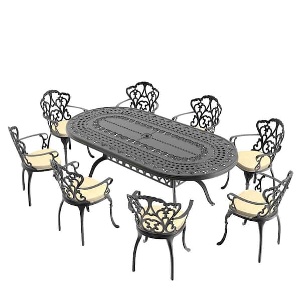 9-Piece Black Cast Aluminum Patio Outdoor Dining Set with Oval Table and 8 Chairs with Beige Cushions
