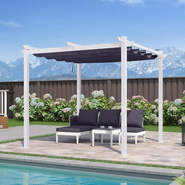 PURPLE LEAF 10 ft. x 10 ft. Navy Blue Aluminum Outdoor Retractable White Frame Pergola with Sun Shade Canopy Cover