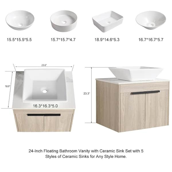 24 in. W x 19 in. D x 24 in. H Floating Bath Vanity in White Oak with Porcelain Vanity Top in White with Single Sink