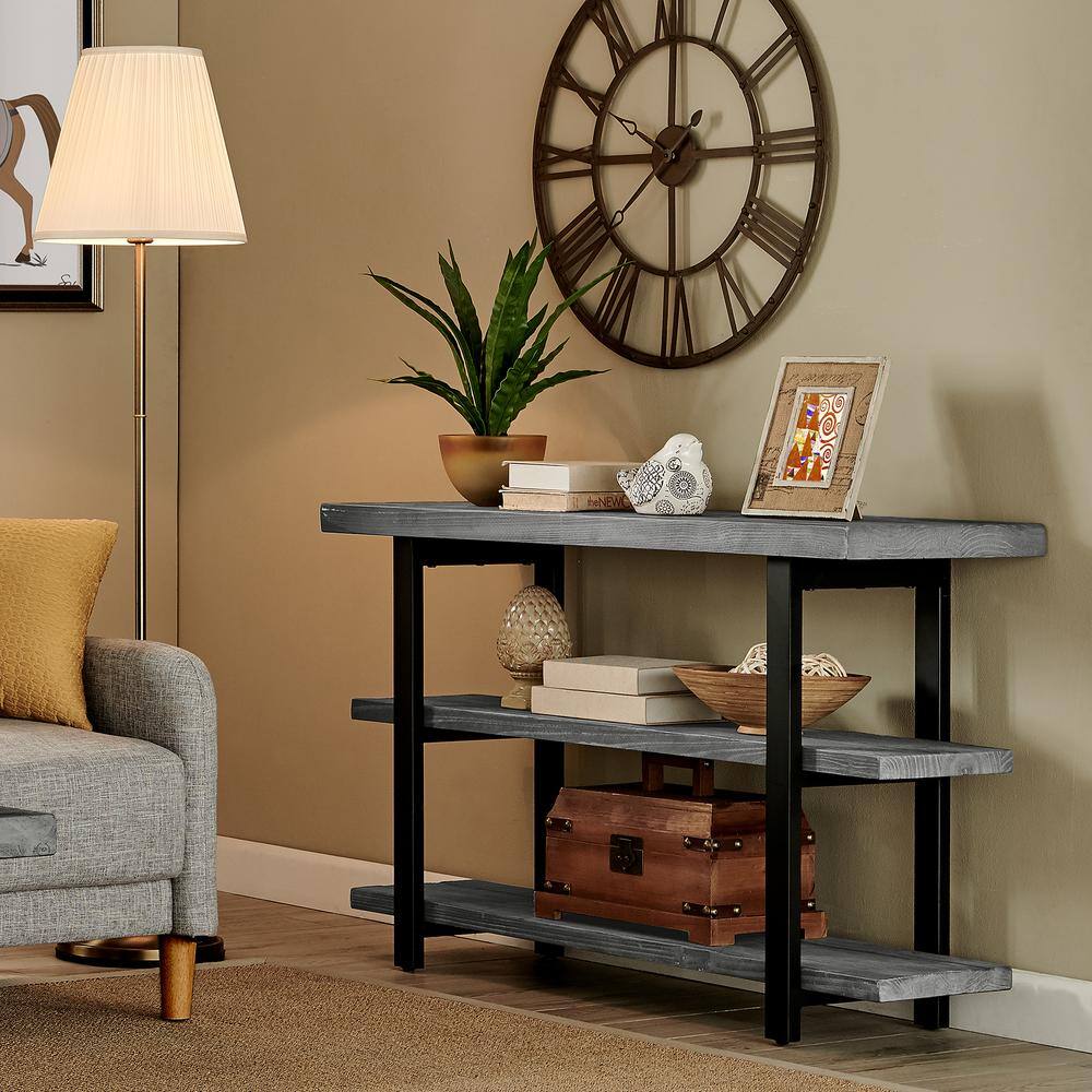 Pomona 48" Slate Gray Acacia Wood & Black Metal Media Console