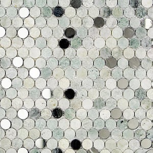 Mirage Penny Round Green 11.25 in. x 12.75 in. x 8 mm Marble and Glass Wall Mosaic Tile