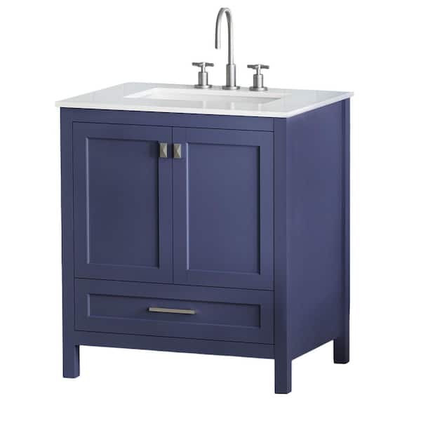Monarch 30 in. Modern Freestanding Navy Blue Bath Vanity with White Engineered Marble Top, Cabinet, Drawer, Doors, Wood