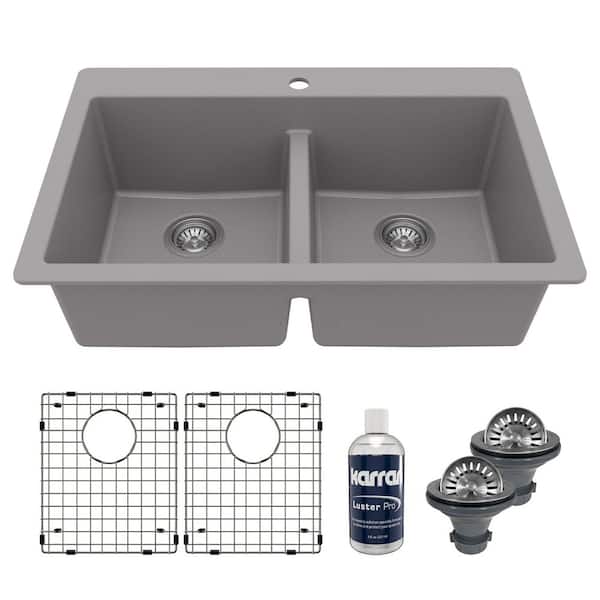 Karran QT-810 Quartz/Granite 33 in. Double Bowl 50/50 Top Mount Drop-in Kitchen Sink in Grey with Bottom Grid and Strainer
