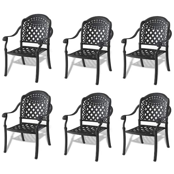 Runesay 6-Piece Cast Aluminum Patio Dining Chair with Random Colors Cushions and Black Frame