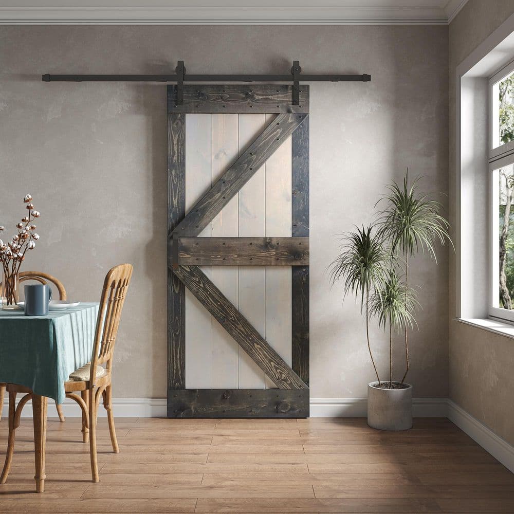 Paneled Wood and Metal K Series DIY Knotty Barn Door with Installation Hardware Kit