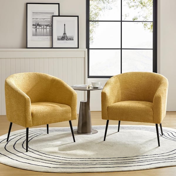 JAYDEN CREATION Gideon Yellow Modern Boucle Armchair with Metal Legs Set of 2