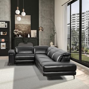 Petra 117 in. Rolled Arm Power Reclining Left Facing Sectional in Black Vegan Leather