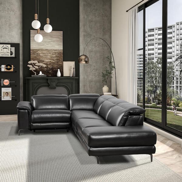 Ashcroft Furniture Co Petra 117 in. Rolled Arm Power Reclining Left Facing Sectional in Black Vegan Leather