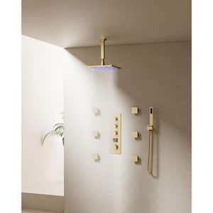 7-Spray Patterns with 2.5 GPM 12 in. Ceiling Mounted Massage Fixed Shower Head with LED in Brushed Gold