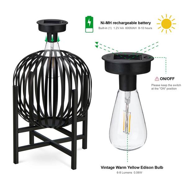 Glitzhome 11.50 in. H Black Metal Stripes Solar Powered