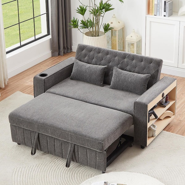 Harper & Bright Designs 61.4 in. Modern Gray Tufted Chenille Convertible Twin Sofa Bed with Pull-Out Sleeper, Storage Shelves, Cup Holder