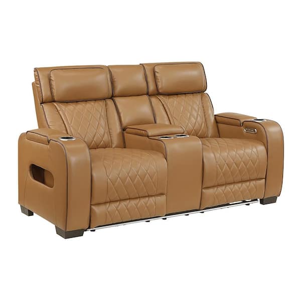 Clumber 73.5 in. W Brown Pillow Top Faux Leather 2-Seater Power Double Reclining Loveseat with Center Console