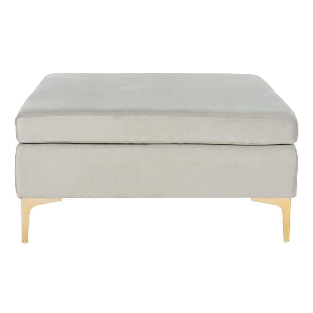 Giovanna Transitional Grey Velvet Square Ottoman with Brass Legs